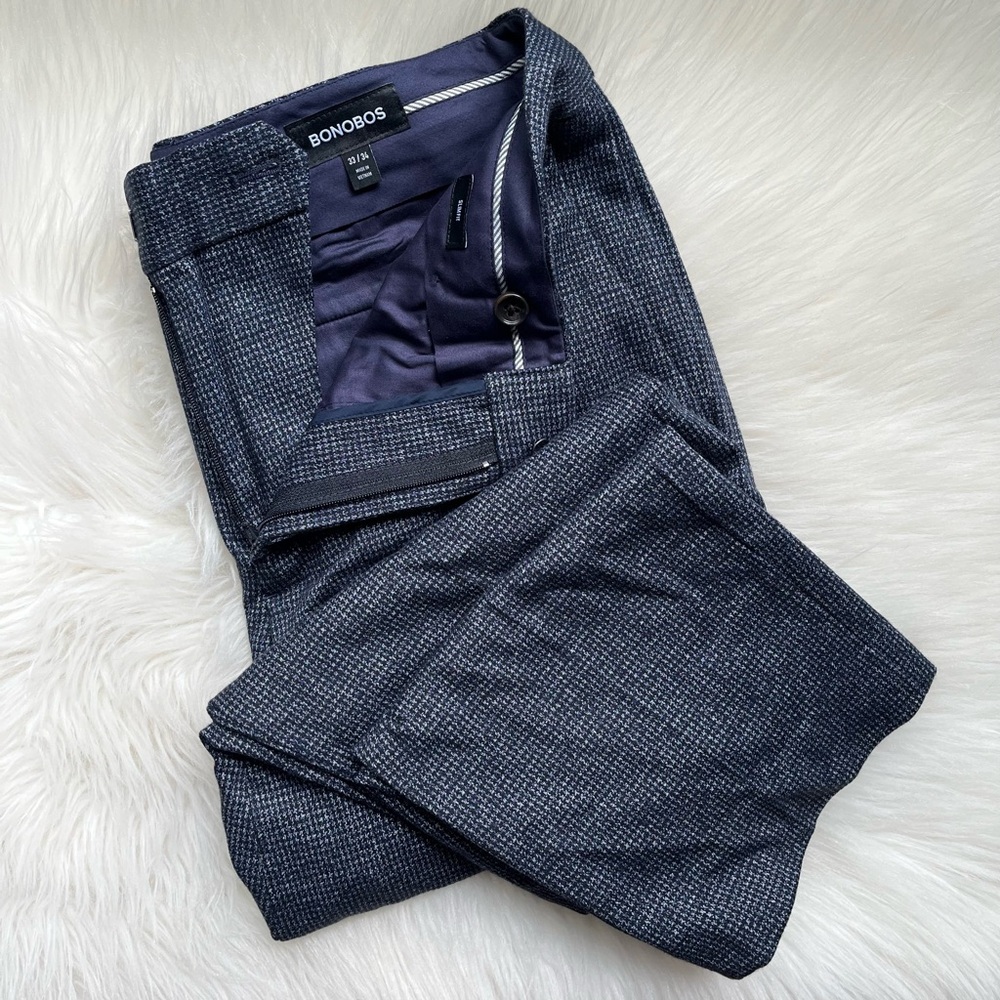 New Bonobos Men’s Stretch Cotton Pants Slim Fit 33x34 33 34 Navy Blue Checked
